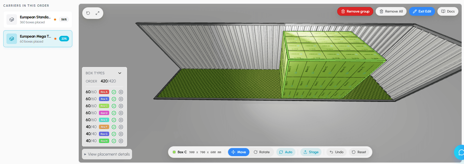 Place button on the staging chip being clicked, inserting the boxes into the destination carrier