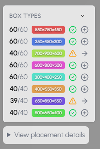 Box Types panel showing placed/total counts with action buttons
